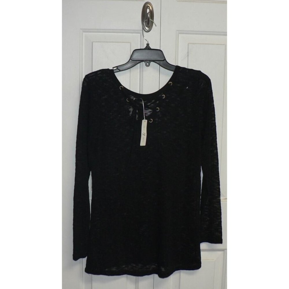 Thyme & Honey Women's Lightweight Lace Up Back High-Low Long Sleeve Top Black SM